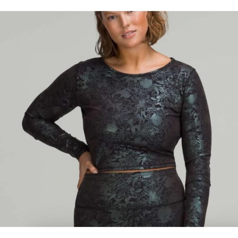 Lululemon Wunder Train Cropped Floral Long Sleeve Top Black 14